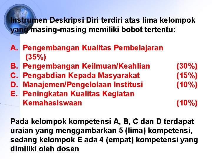 Instrumen Deskripsi Diri terdiri atas lima kelompok yang masing-masing memiliki bobot tertentu: A. Pengembangan