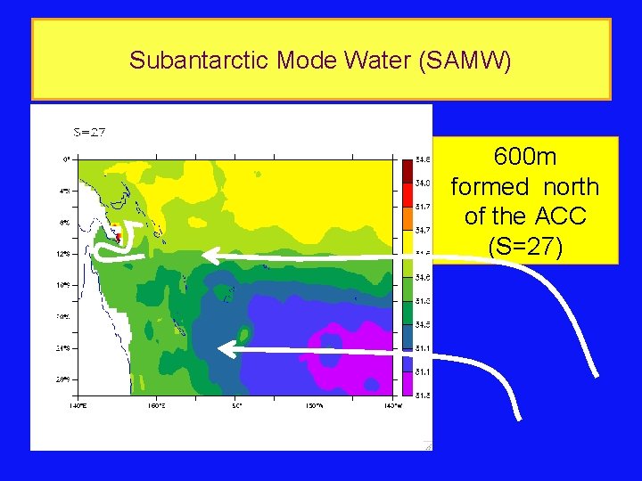 Subantarctic Mode Water (SAMW) 600 m formed north of the ACC (S=27) 