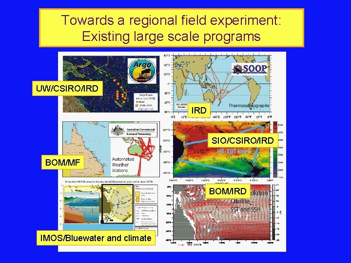 Towards a regional field experiment: Existing large scale programs UW/CSIRO/IRD SIO/CSIRO/IRD BOM/MF BOM/IRD IMOS/Bluewater