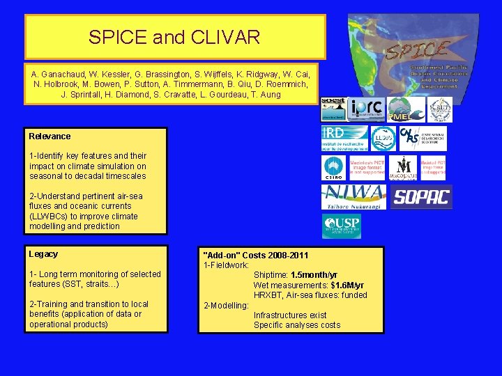 SPICE and CLIVAR A. Ganachaud, W. Kessler, G. Brassington, S. Wijffels, K. Ridgway, W.