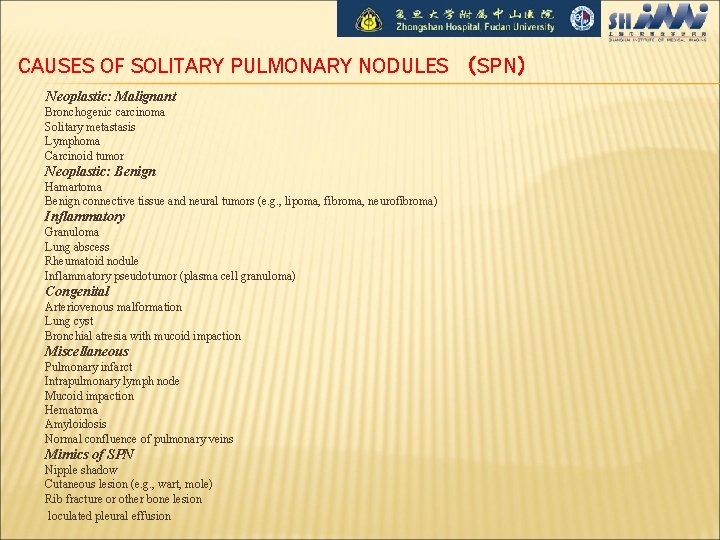 CAUSES OF SOLITARY PULMONARY NODULES （SPN） Neoplastic: Malignant Bronchogenic carcinoma Solitary metastasis Lymphoma Carcinoid