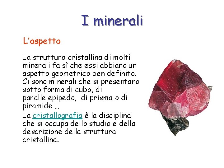 I minerali L’aspetto La struttura cristallina di molti minerali fa sì che essi abbiano