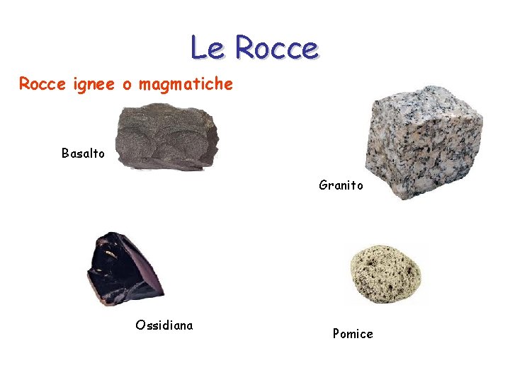 Le Rocce ignee o magmatiche Basalto Granito Ossidiana Pomice 