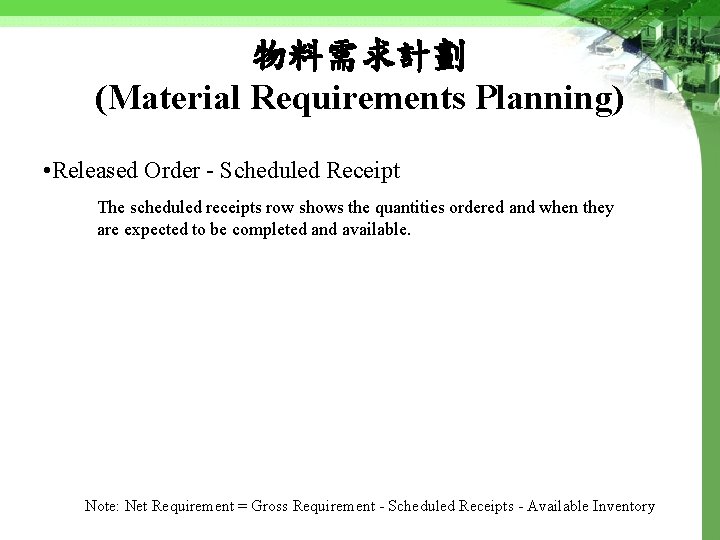 物料需求計劃 (Material Requirements Planning) • Released Order - Scheduled Receipt The scheduled receipts row