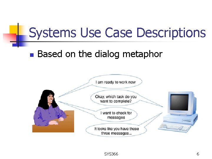 Systems Use Case Descriptions n Based on the dialog metaphor SYS 366 6 