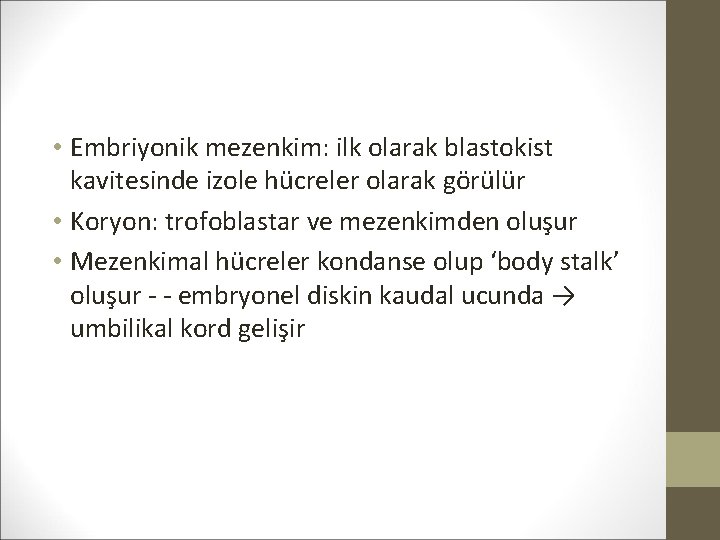  • Embriyonik mezenkim: ilk olarak blastokist kavitesinde izole hücreler olarak görülür • Koryon: