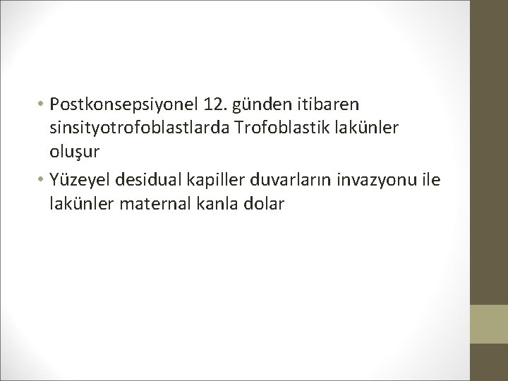  • Postkonsepsiyonel 12. günden itibaren sinsityotrofoblastlarda Trofoblastik lakünler oluşur • Yüzeyel desidual kapiller