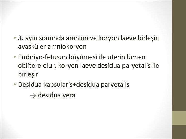  • 3. ayın sonunda amnion ve koryon laeve birleşir: avasküler amniokoryon • Embriyo-fetusun