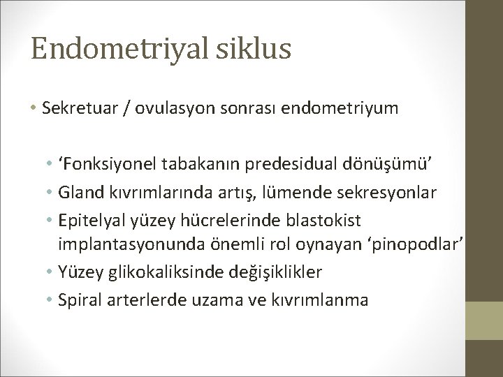 Endometriyal siklus • Sekretuar / ovulasyon sonrası endometriyum • ‘Fonksiyonel tabakanın predesidual dönüşümü’ •