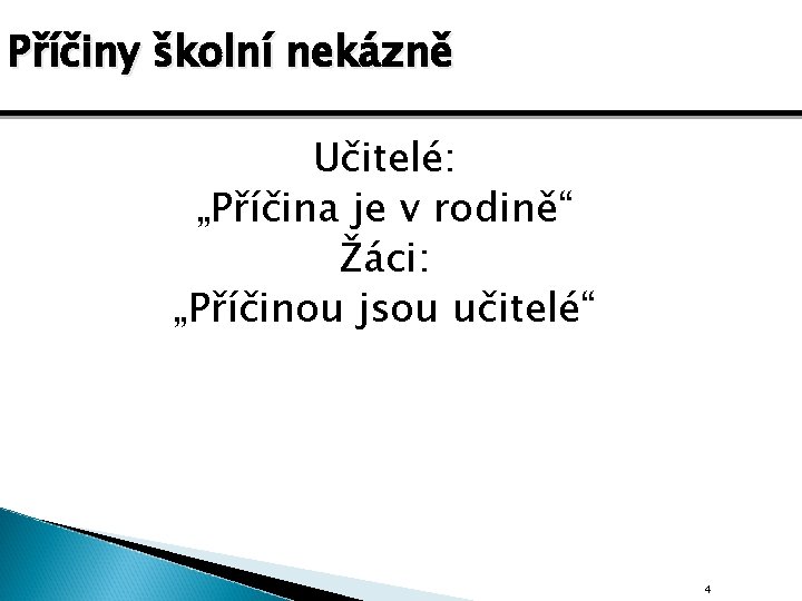 Příčiny školní nekázně Učitelé: „Příčina je v rodině“ Žáci: „Příčinou jsou učitelé“ 4 