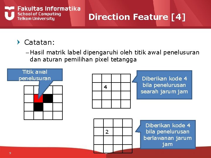 Direction Feature [4] Catatan: – Hasil matrik label dipengaruhi oleh titik awal penelusuran dan