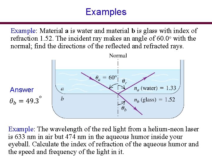 Examples Example: Material a is water and material b is glass with index of Examples Example: Material a is water and material b is glass with index of