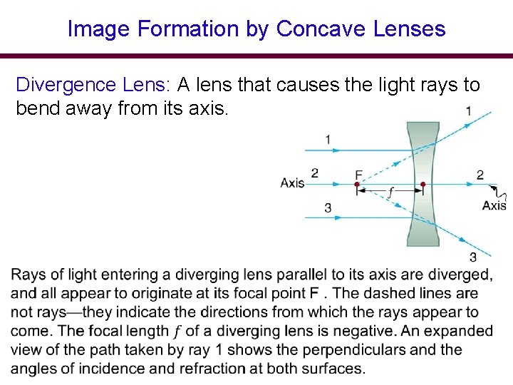 Image Formation by Concave Lenses Divergence Lens: A lens that causes the light rays Image Formation by Concave Lenses Divergence Lens: A lens that causes the light rays