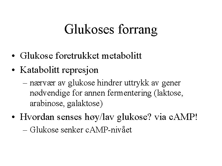 Glukoses forrang • Glukose foretrukket metabolitt • Katabolitt represjon – nærvær av glukose hindrer