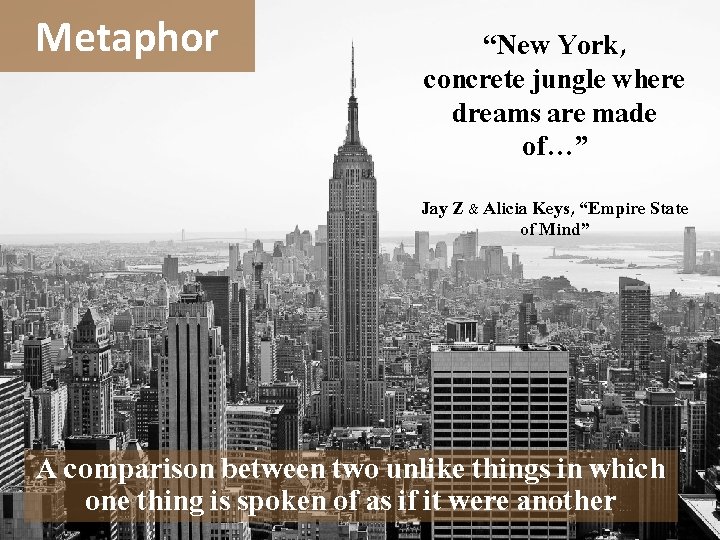 Metaphor “New York, concrete jungle where dreams are made of…” Jay Z & Alicia