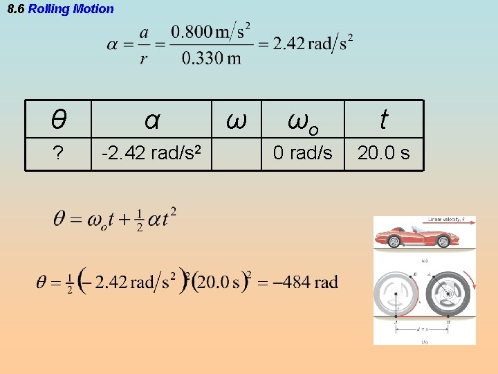 8. 6 Rolling Motion θ α ? -2. 42 rad/s 2 ω ωo t