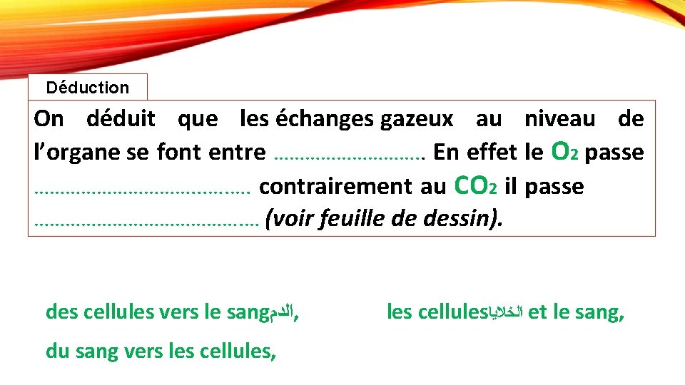 Déduction On déduit que les échanges gazeux au niveau de l’organe se font entre