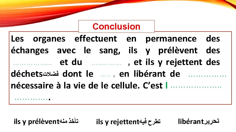 Conclusion Les organes effectuent en permanence des échanges avec le sang, ils y prélèvent