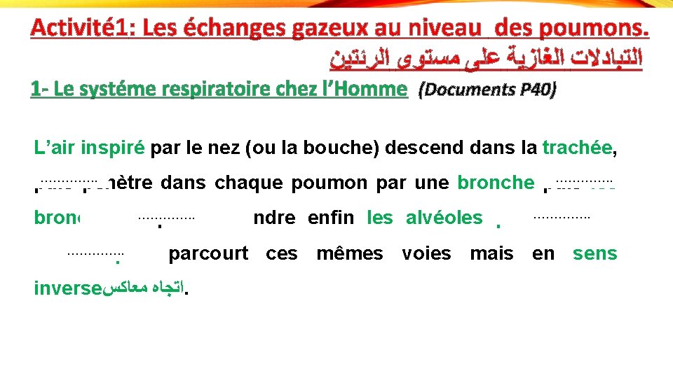 Activité 1: Les échanges gazeux au niveau des poumons. ﺍﻟﺮﺋﺘﻴﻦ ﻣﺴﺘﻮﻯ ﻋﻠﻰ ﺍﻟﻐﺎﺯﻳﺔ ﺍﻟﺘﺒﺎﺩﻻﺕ