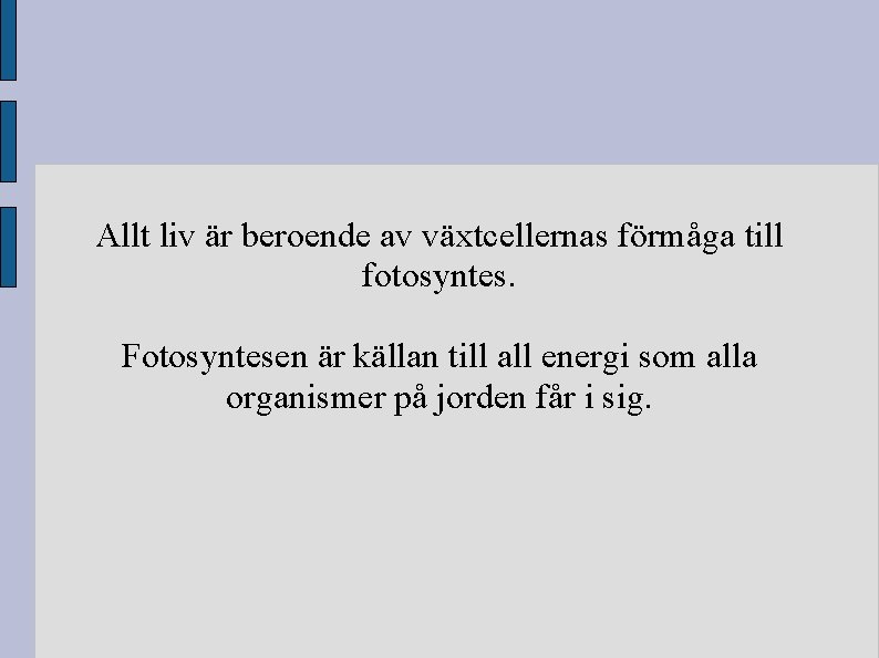 Allt liv är beroende av växtcellernas förmåga till fotosyntes. Fotosyntesen är källan till all