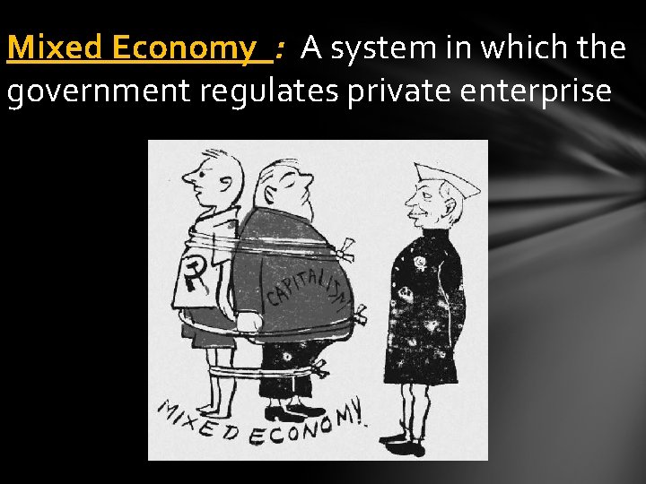 Mixed Economy : A system in which the government regulates private enterprise 