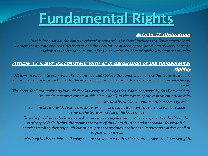 Fundamental Rights Article 12 {Definition} In this Part, unless the context otherwise required, "the
