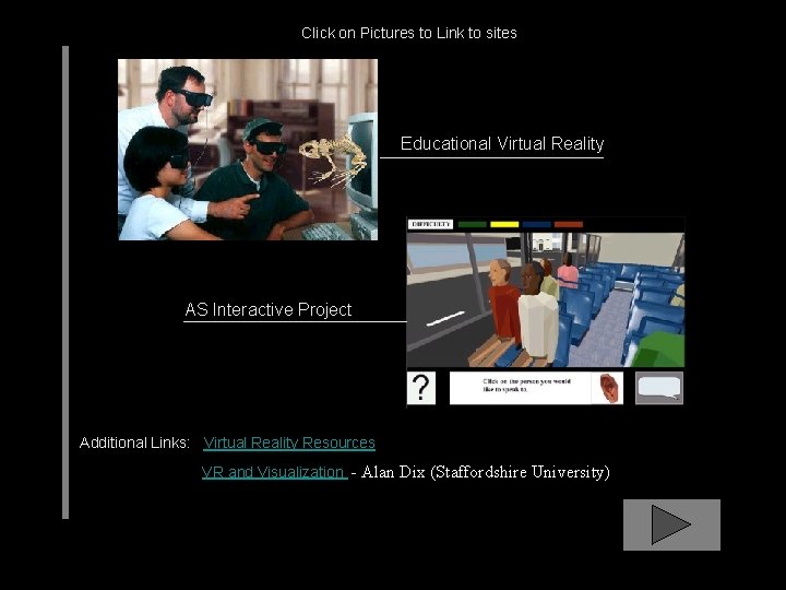 Click on Pictures to Link to sites Educational Virtual Reality AS Interactive Project Additional