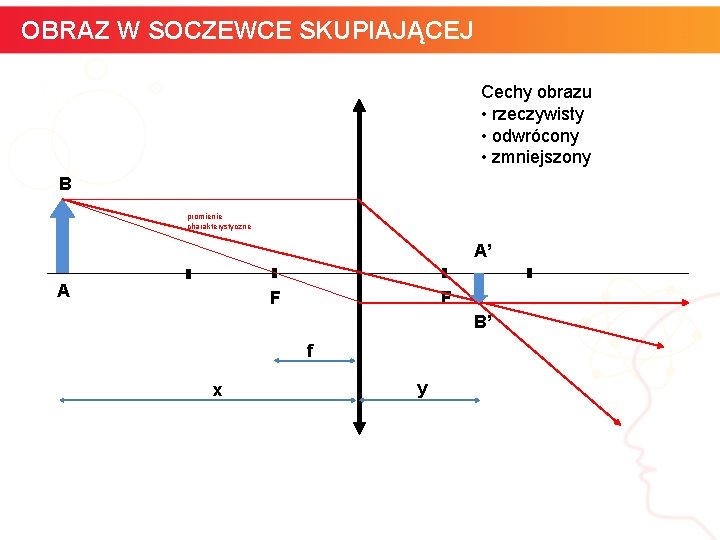 OBRAZ W SOCZEWCE SKUPIAJĄCEJ Cechy obrazu • rzeczywisty • odwrócony • zmniejszony B promienie