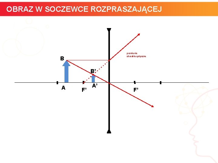 OBRAZ W SOCZEWCE ROZPRASZAJĄCEJ promienie charakterystyczne B B’ A F’ A’ informatyka + F’