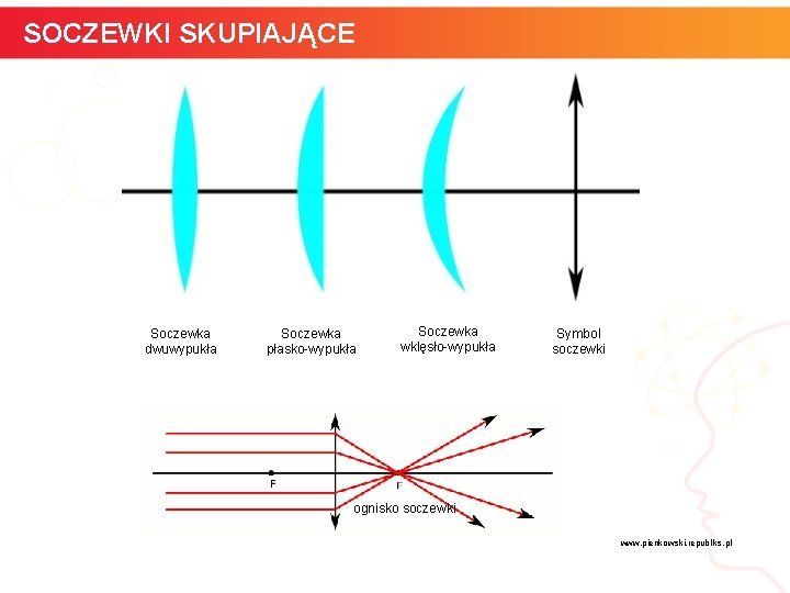 SOCZEWKI SKUPIAJĄCE Soczewka dwuwypukła Soczewka płasko-wypukła Soczewka wklęsło-wypukła Symbol soczewki ognisko soczewki www. pienkowski.