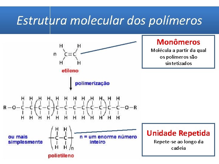 Estrutura molecular dos polímeros Monômeros Molécula a partir da qual os polímeros são sintetizados