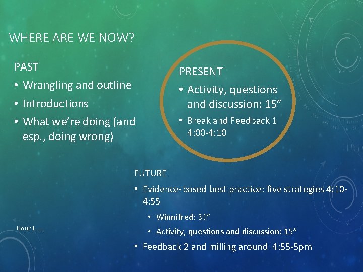 WHERE ARE WE NOW? PAST PRESENT • Wrangling and outline • Introductions • What