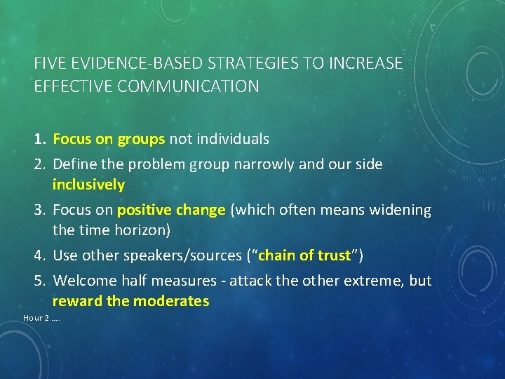 FIVE EVIDENCE-BASED STRATEGIES TO INCREASE EFFECTIVE COMMUNICATION 1. Focus on groups not individuals 2.