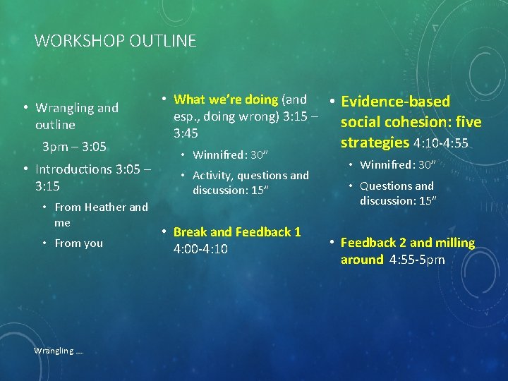 WORKSHOP OUTLINE • Wrangling and outline 3 pm – 3: 05 • Introductions 3: