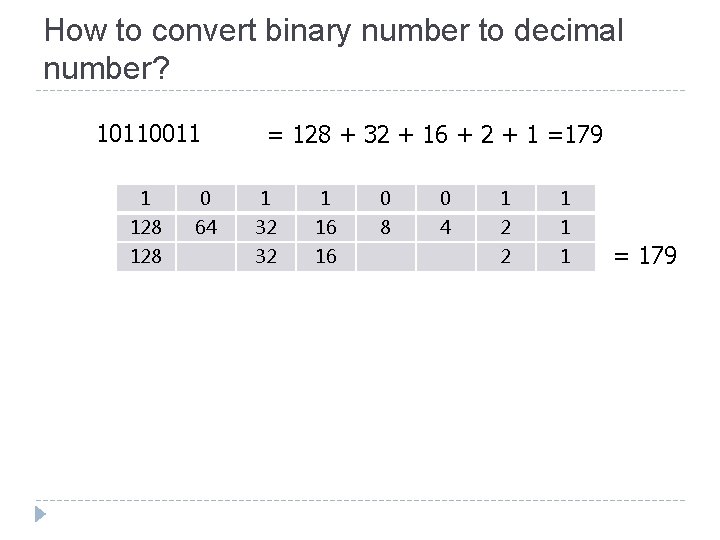 How to convert binary number to decimal number? 10110011 = 128 + 32 +