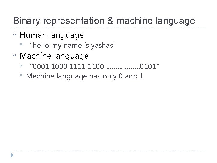 Binary representation & machine language Human language “hello my name is yashas” Machine language