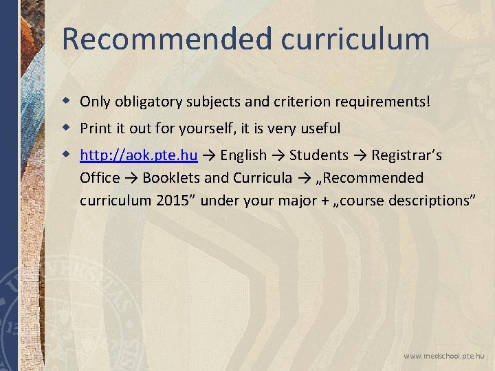 Recommended curriculum w Only obligatory subjects and criterion requirements! w Print it out for