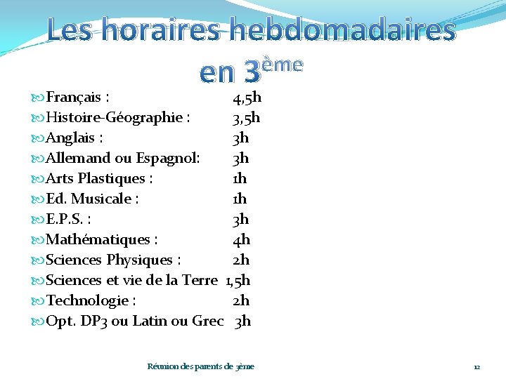 Les horaires hebdomadaires ème en 3 Français : 4, 5 h Histoire-Géographie : 3,