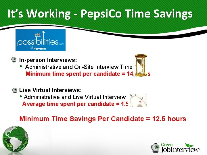 It’s Working - Pepsi. Co Time Savings In-person Interviews: • Administrative and On-Site Interview