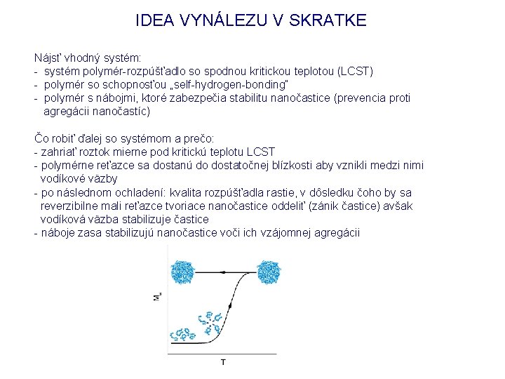 IDEA VYNÁLEZU V SKRATKE Nájsť vhodný systém: - systém polymér-rozpúšťadlo so spodnou kritickou teplotou