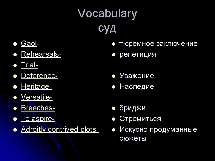 Vocabulary суд l l l l l Gaol. Rehearsals. Trial. Deference. Heritage. Versatile. Breeches.