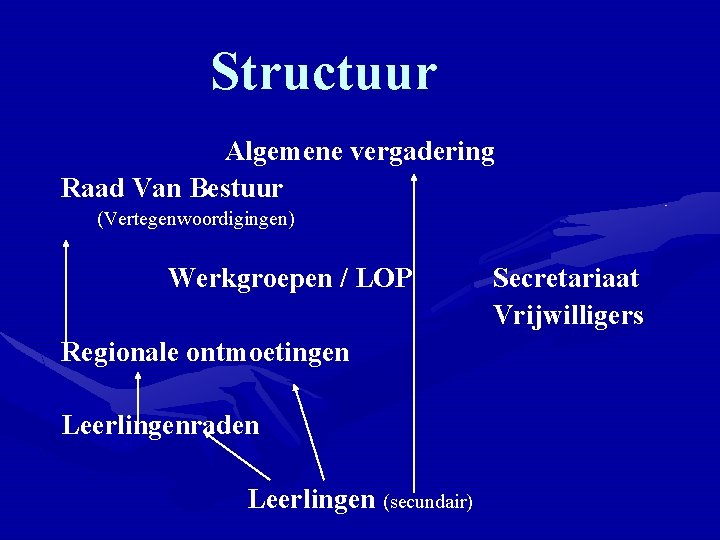 Structuur Algemene vergadering Raad Van Bestuur (Vertegenwoordigingen) Werkgroepen / LOP Regionale ontmoetingen Leerlingenraden Leerlingen