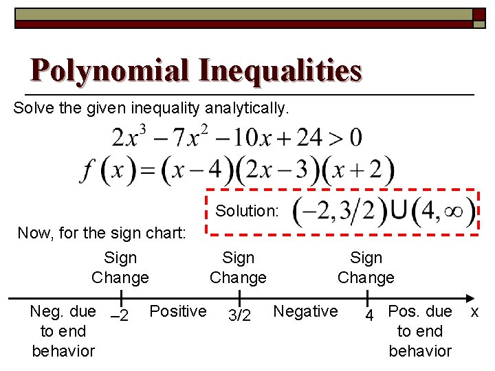 Polynomial Inequalities Solve the given inequality analytically. Solution: Now, for the sign chart: Sign