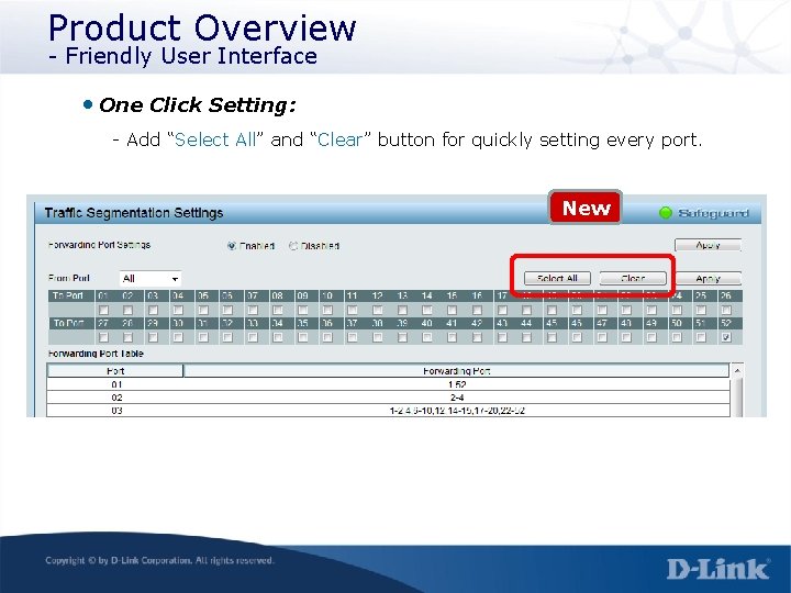 Product Overview - Friendly User Interface • One Click Setting: - Add “Select All”