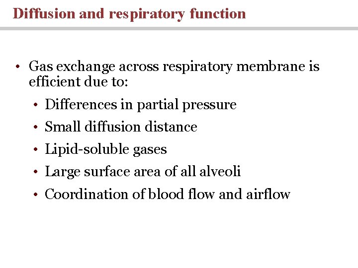 Diffusion and respiratory function • Gas exchange across respiratory membrane is efficient due to: