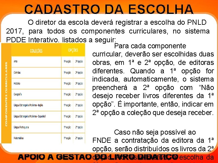 CADASTRO DA ESCOLHA O diretor da escola deverá registrar a escolha do PNLD 2017,