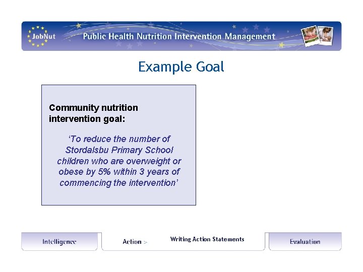 Example Goal Community nutrition intervention goal: ‘To reduce the number of Stordalsbu Primary School