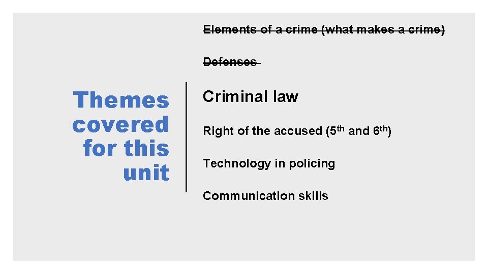 Elements of a crime (what makes a crime) Defenses Themes covered for this unit Elements of a crime (what makes a crime) Defenses Themes covered for this unit