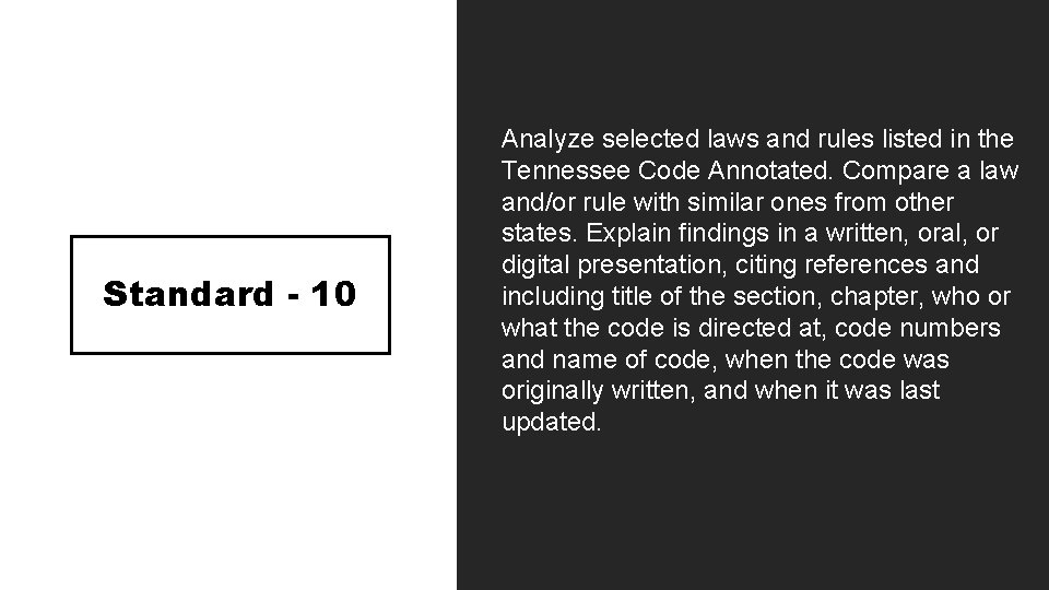 Standard - 10 Analyze selected laws and rules listed in the Tennessee Code Annotated. Standard - 10 Analyze selected laws and rules listed in the Tennessee Code Annotated.