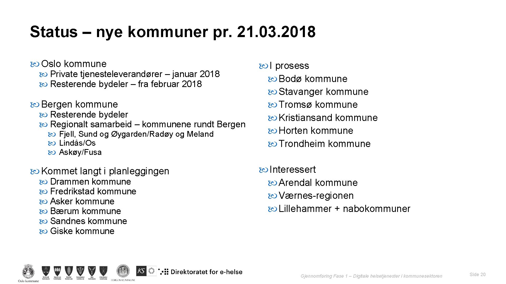 Status – nye kommuner pr. 21. 03. 2018 Oslo kommune Private tjenesteleverandører – januar Status – nye kommuner pr. 21. 03. 2018 Oslo kommune Private tjenesteleverandører – januar